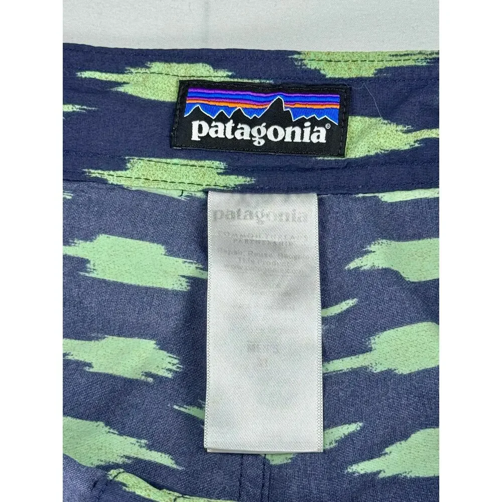 Patagonia Wavefarer Swim Trunk Board Short 31 Blue Green Button Tie Waist Pocket